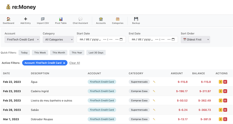 re:Money Dashboard Screenshot